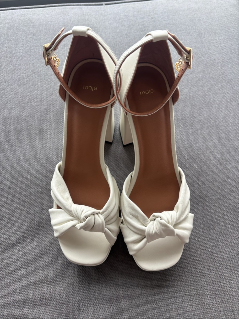 Maje Cream Knotted Front Block-Heel Sandals with Ankle Strap